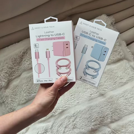 2-Pack 6ft Leather USB-C or Lightning Charging Cables with Dual Adapter